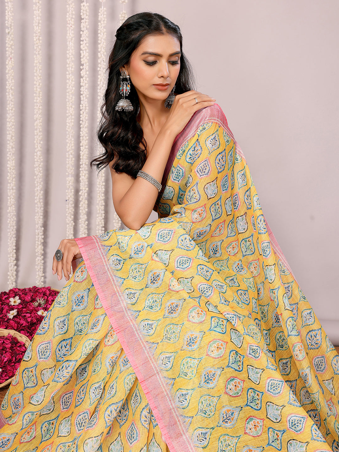 Janasya Yellow Cotton Linen Ethnic Motifs Printed Saree | Swadesiicart