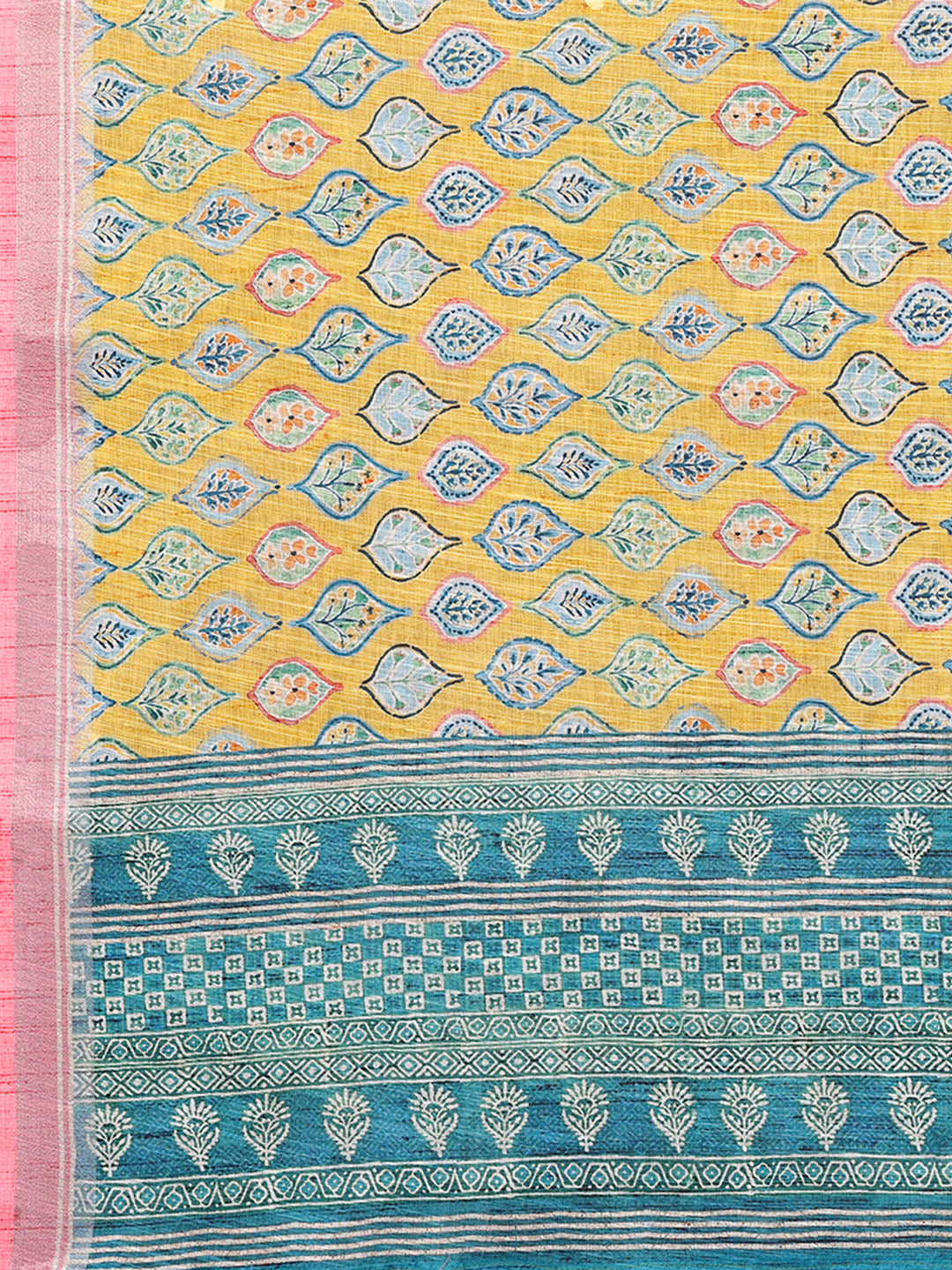 Janasya Yellow Cotton Linen Ethnic Motifs Printed Saree | Swadesiicart