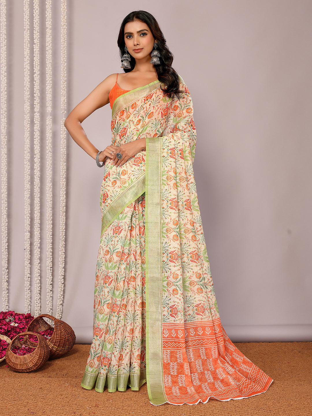 Janasya Light Green Cotton Linen Floral Printed Saree | Swadesiicart
