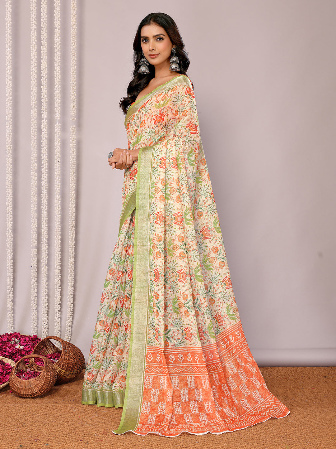 Janasya Light Green Cotton Linen Floral Printed Saree | Swadesiicart