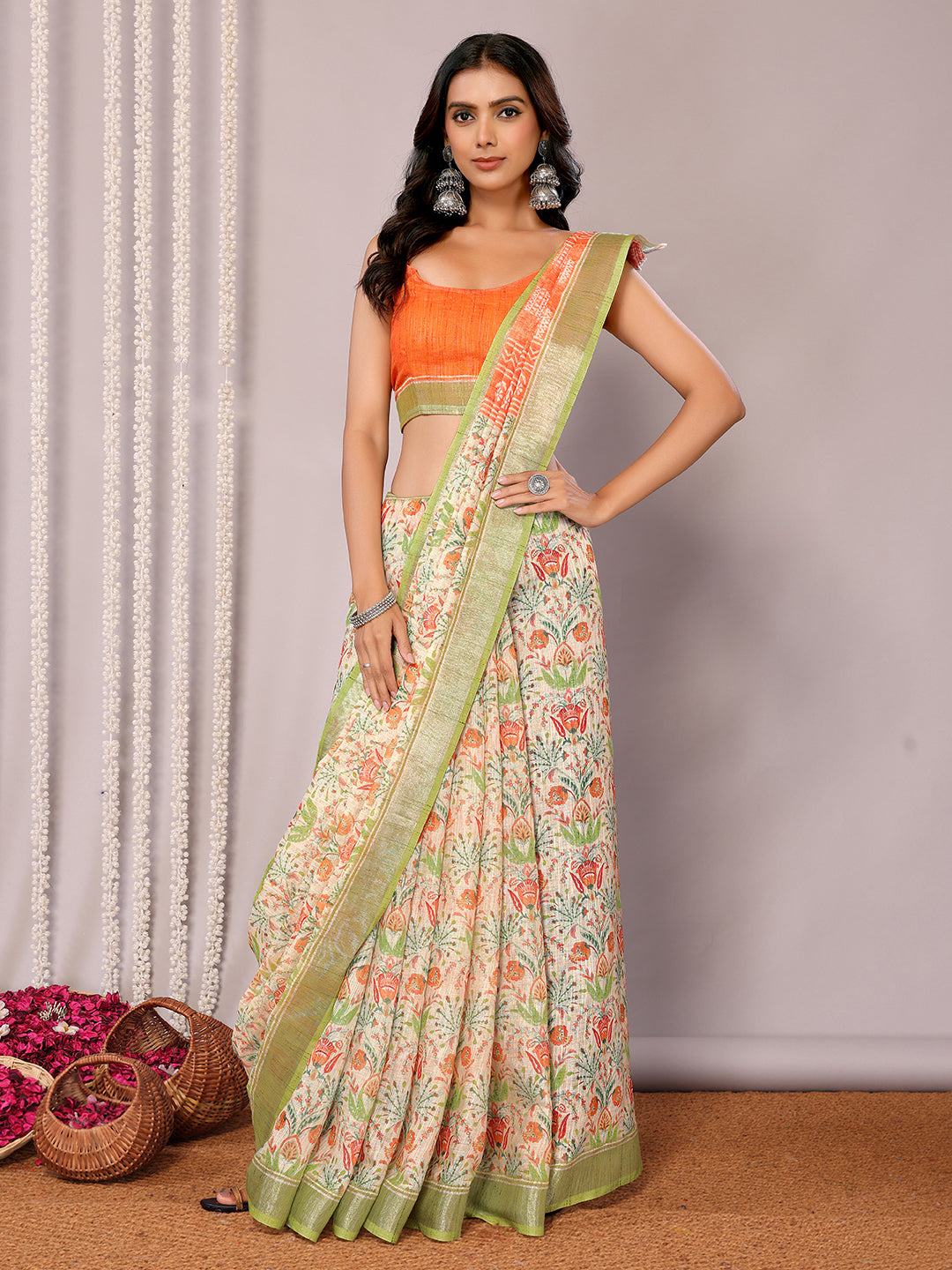 Janasya Light Green Cotton Linen Floral Printed Saree | Swadesiicart