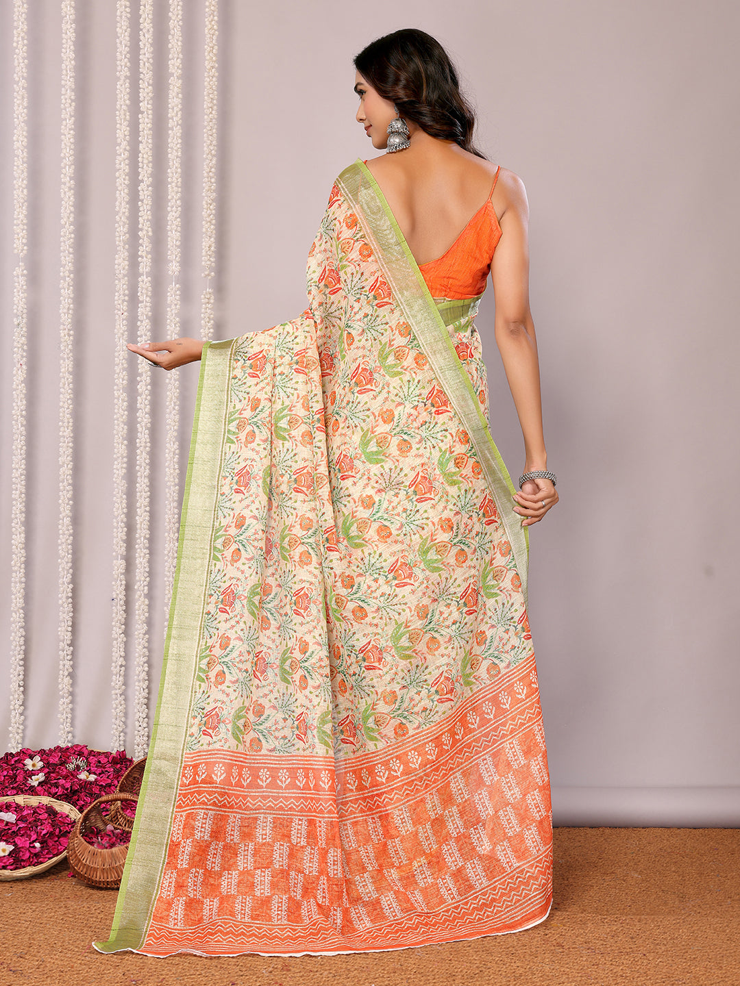 Janasya Light Green Cotton Linen Floral Printed Saree | Swadesiicart