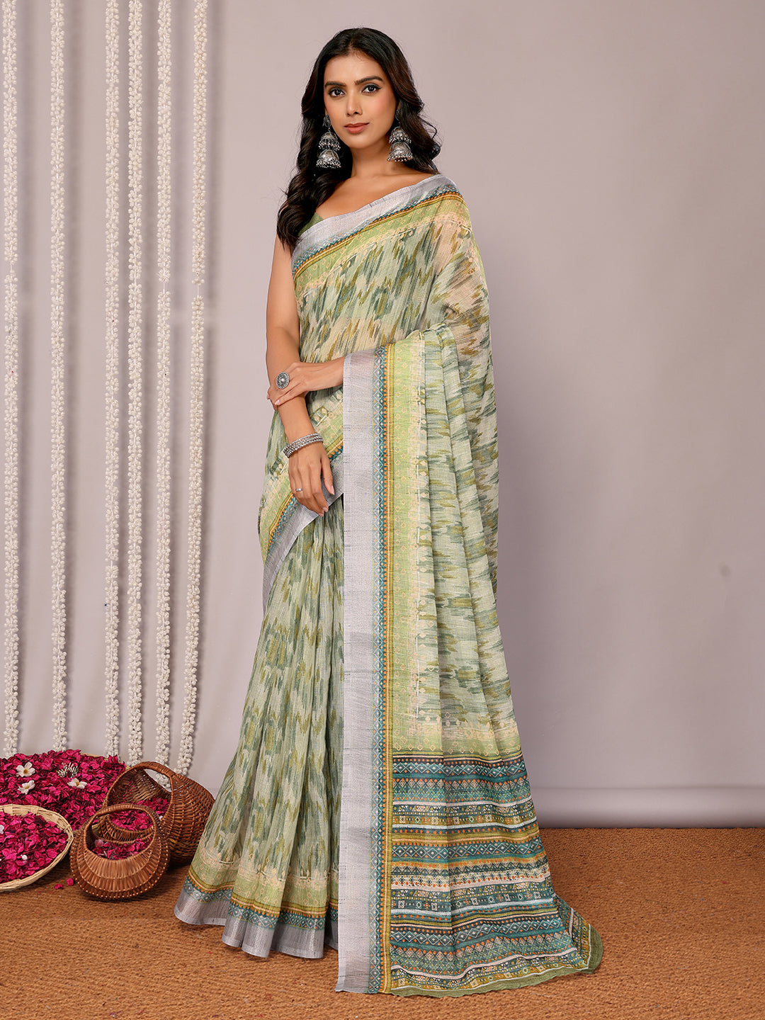 Janasya Sage Green Cotton Linen Abstract Printed Saree | Swadesiicart