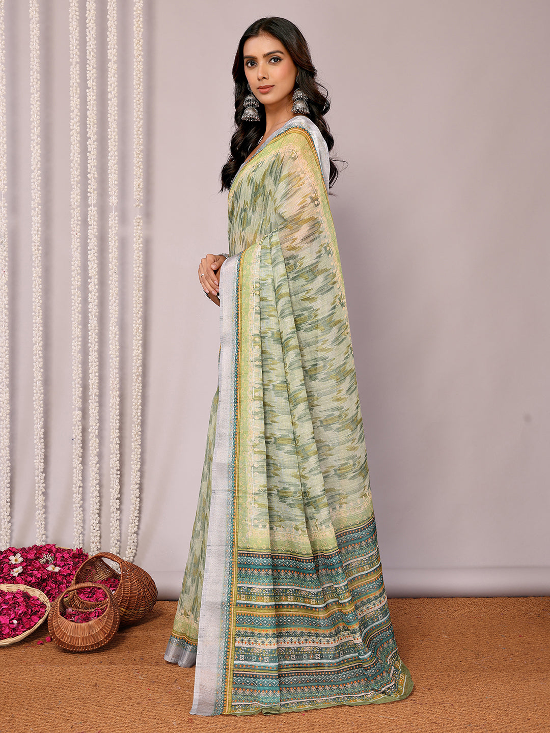 Janasya Sage Green Cotton Linen Abstract Printed Saree | Swadesiicart