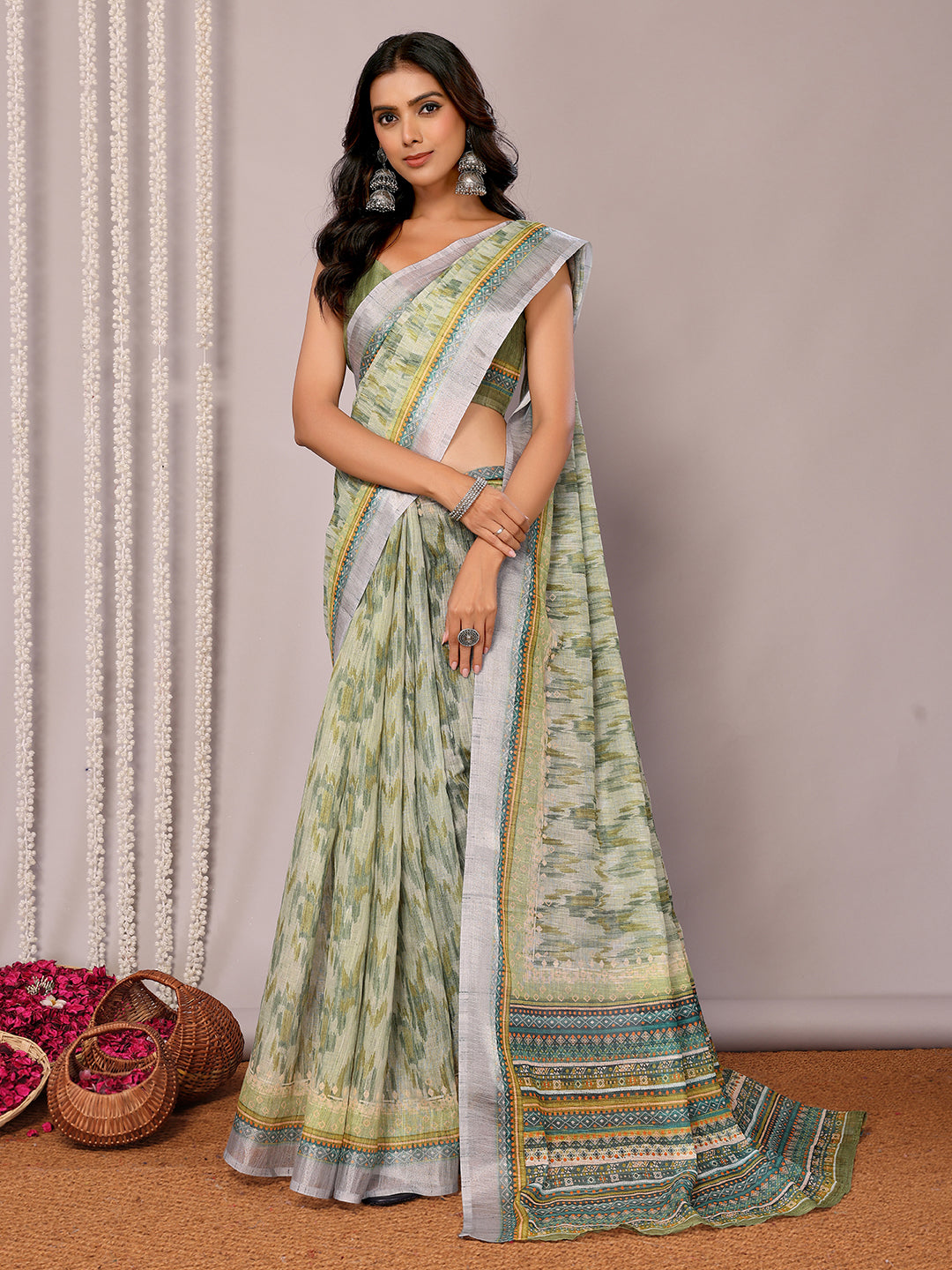 Janasya Sage Green Cotton Linen Abstract Printed Saree | Swadesiicart