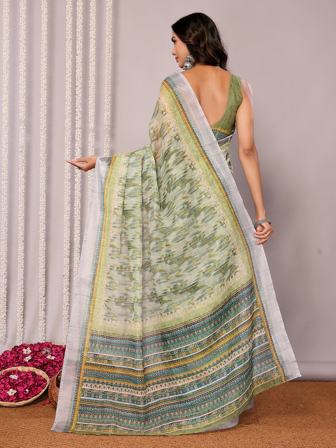 Janasya Sage Green Cotton Linen Abstract Printed Saree | Swadesiicart
