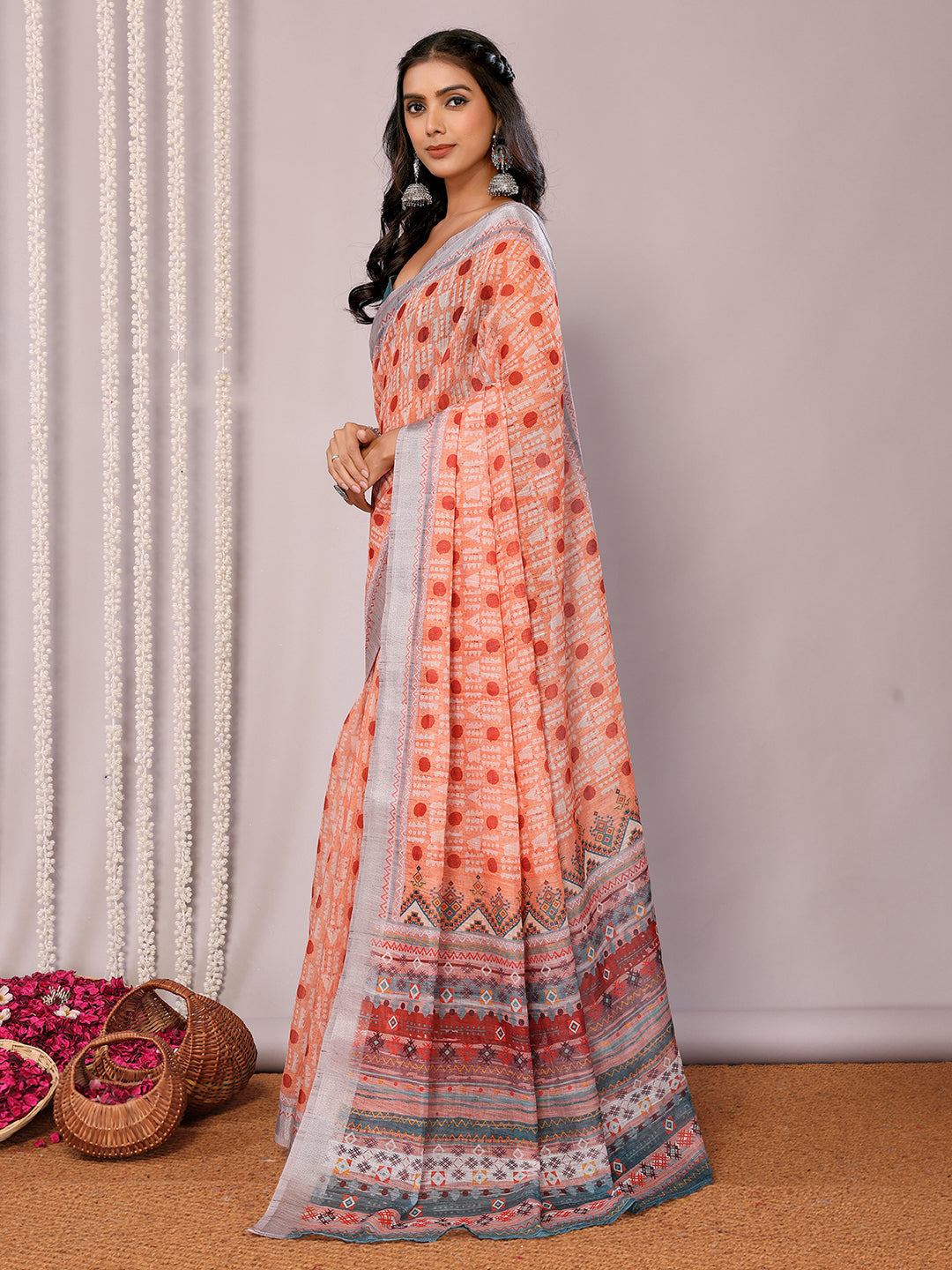 Janasya Orange Cotton Linen Block Print Printed Saree | Swadesiicart