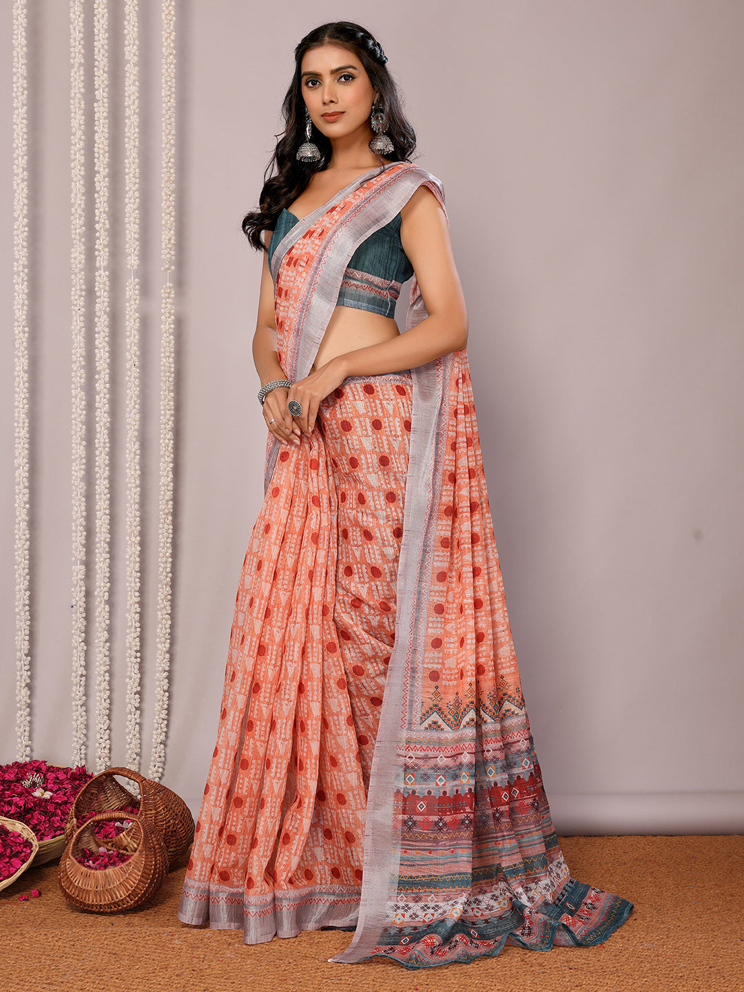 Janasya Orange Cotton Linen Block Print Printed Saree | Swadesiicart