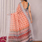 Janasya Orange Cotton Linen Block Print Printed Saree | Swadesiicart