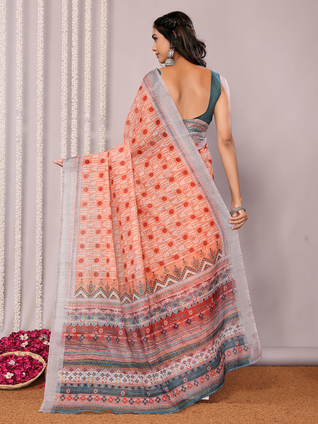 Janasya Orange Cotton Linen Block Print Printed Saree | Swadesiicart