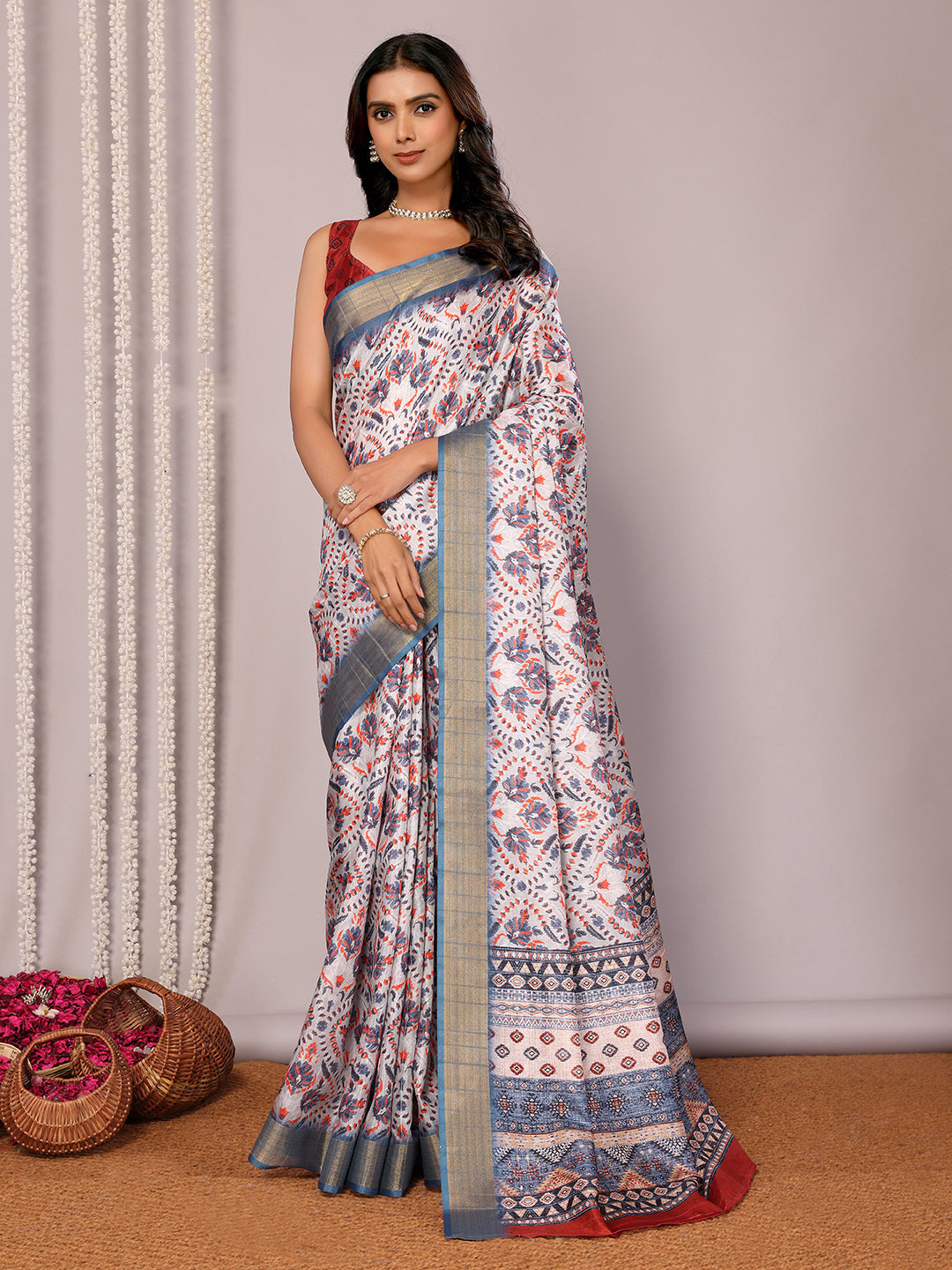 Janasya Light Blue Chanderi Silk Ethnic Print Printed Saree | Swadesiicart