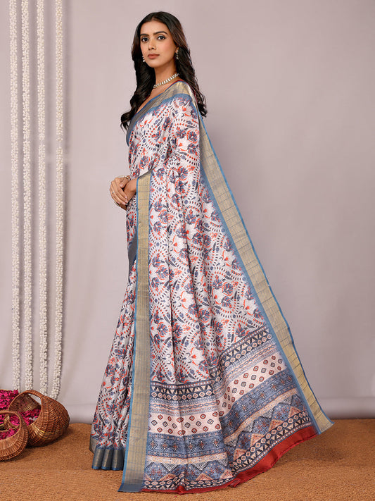 Janasya Light Blue Chanderi Silk Ethnic Print Printed Saree | Swadesiicart