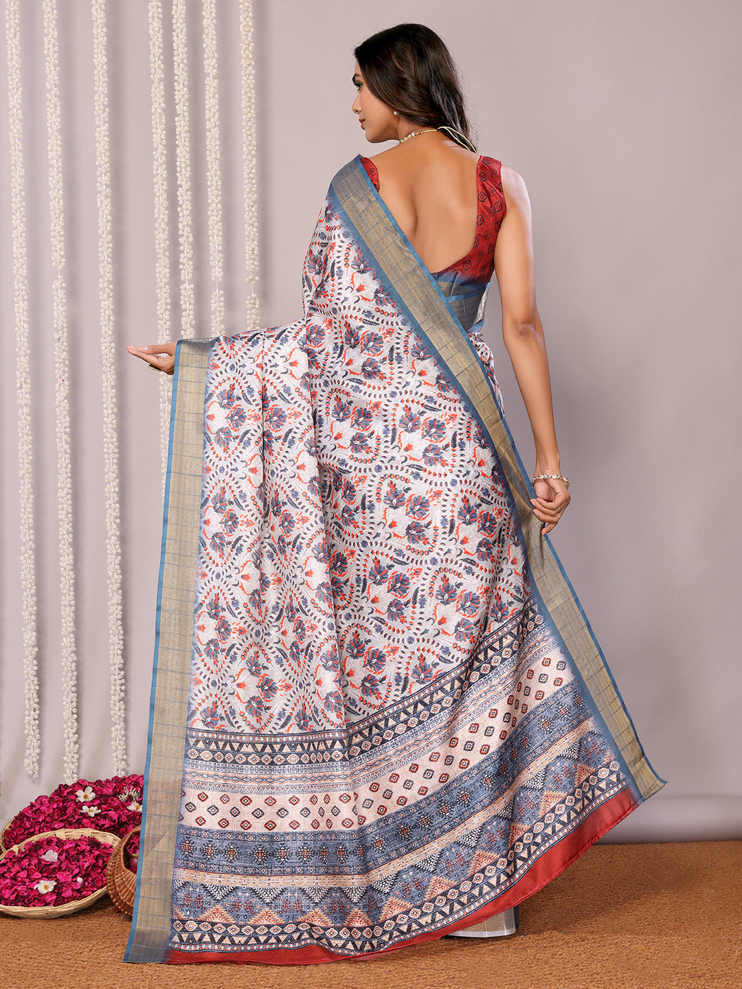 Janasya Light Blue Chanderi Silk Ethnic Print Printed Saree | Swadesiicart