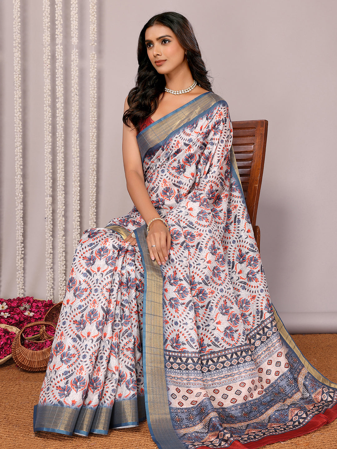 Janasya Light Blue Chanderi Silk Ethnic Print Printed Saree | Swadesiicart