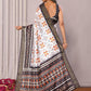 Janasya White & Black Chanderi Silk Ikkat Printed Saree | Swadesiicart