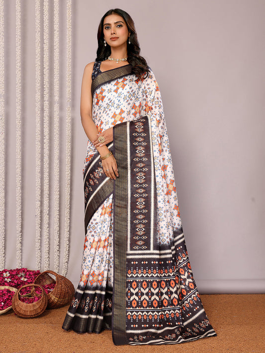 Janasya White & Black Chanderi Silk Ikkat Printed Saree | Swadesiicart