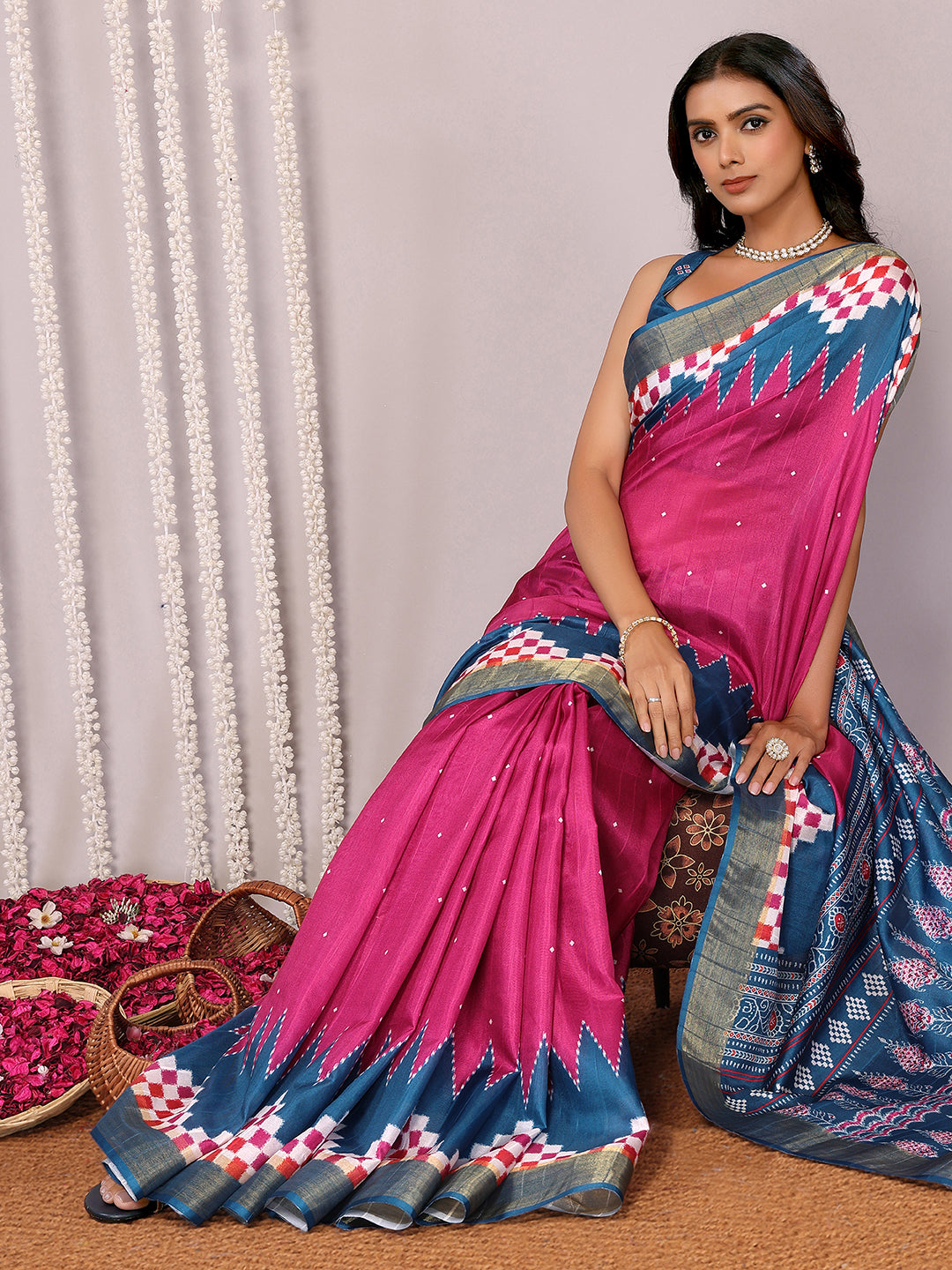 Janasya Pink & Blue Chanderi Silk Geometric Printed Saree | Swadesiicart