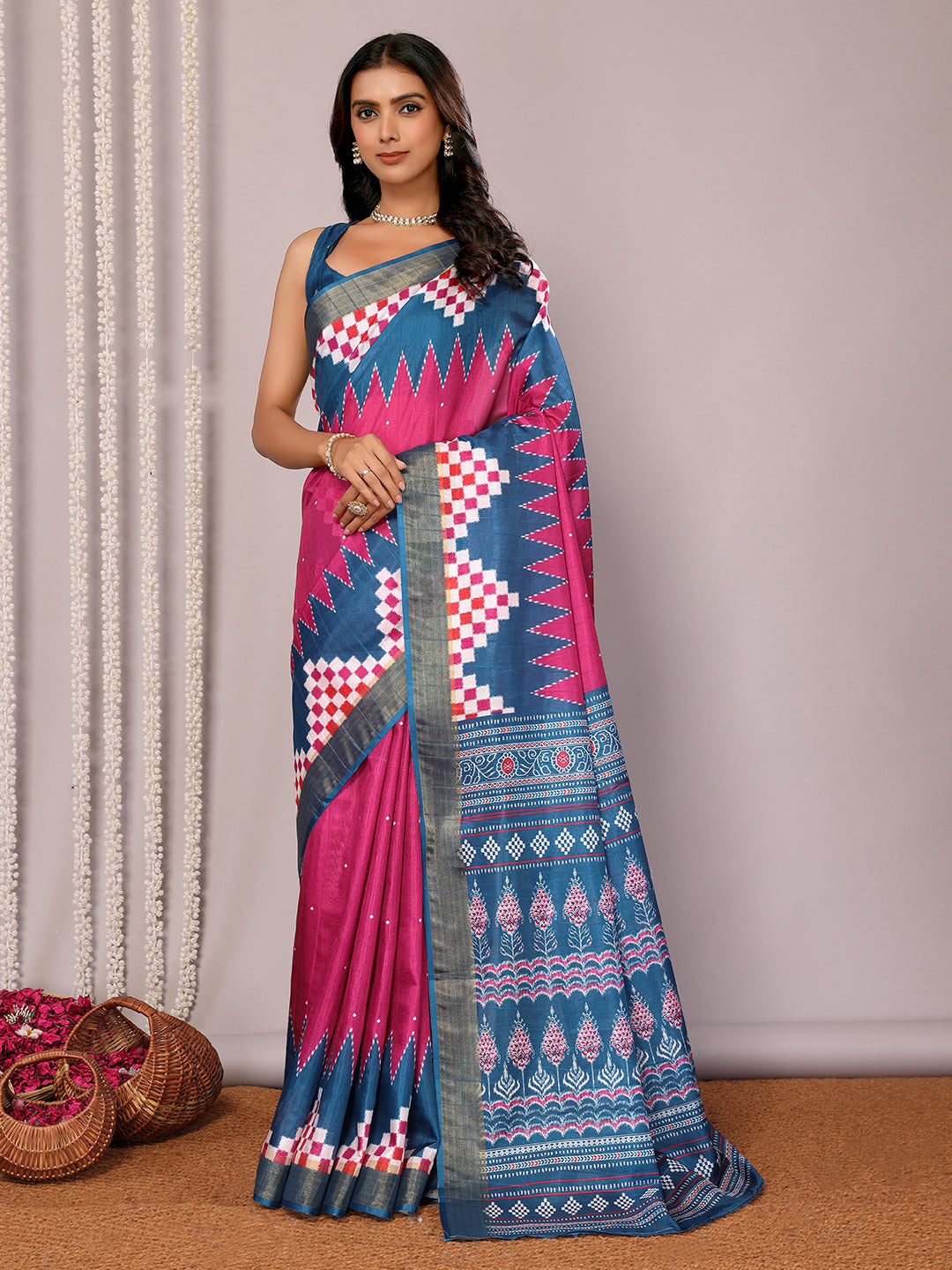 Janasya Pink & Blue Chanderi Silk Geometric Printed Saree | Swadesiicart