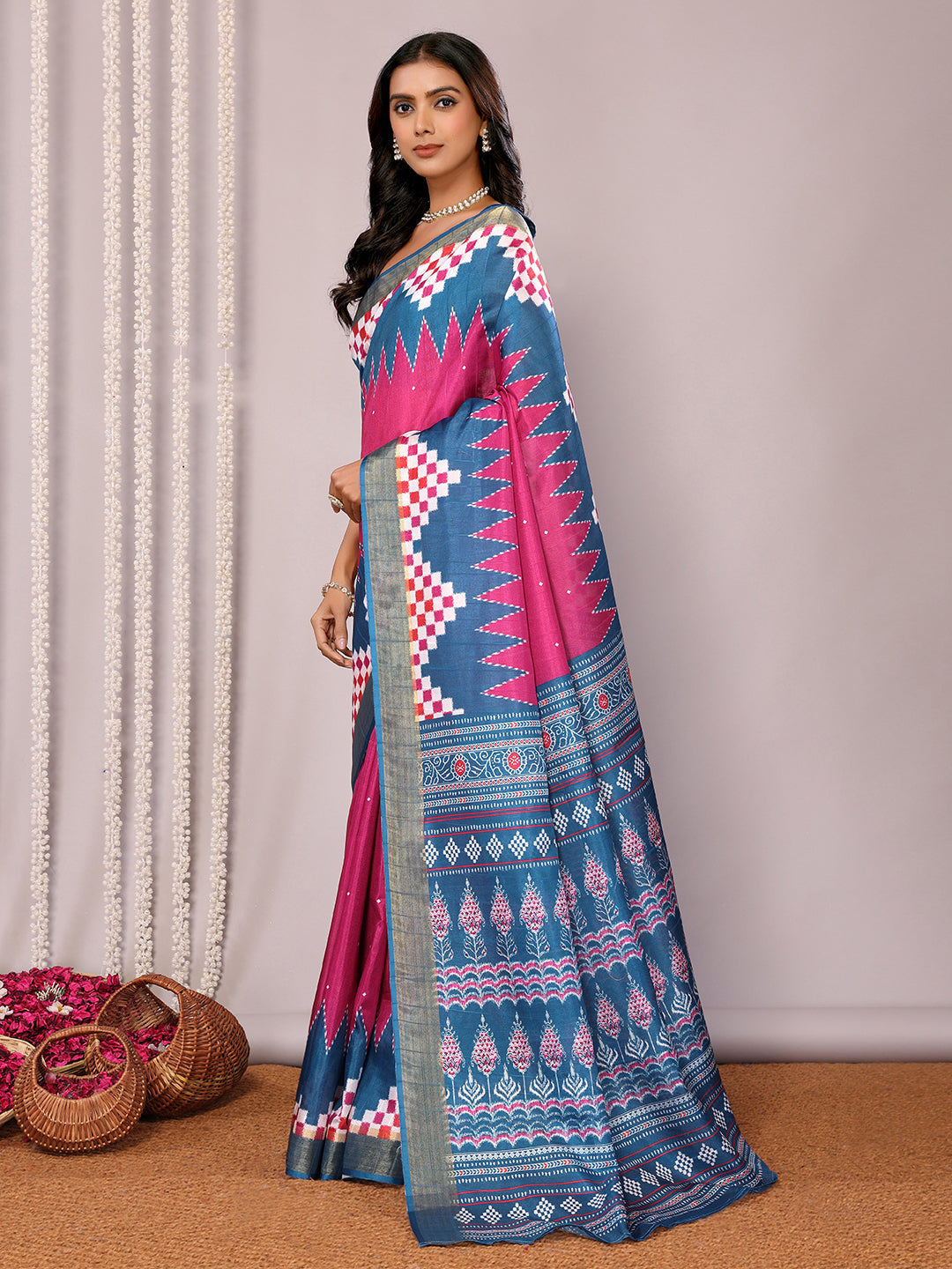 Janasya Pink & Blue Chanderi Silk Geometric Printed Saree | Swadesiicart