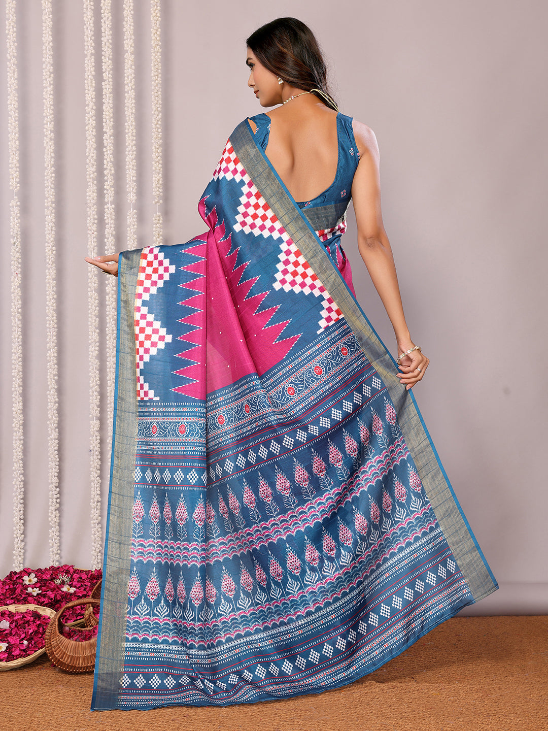 Janasya Pink & Blue Chanderi Silk Geometric Printed Saree | Swadesiicart