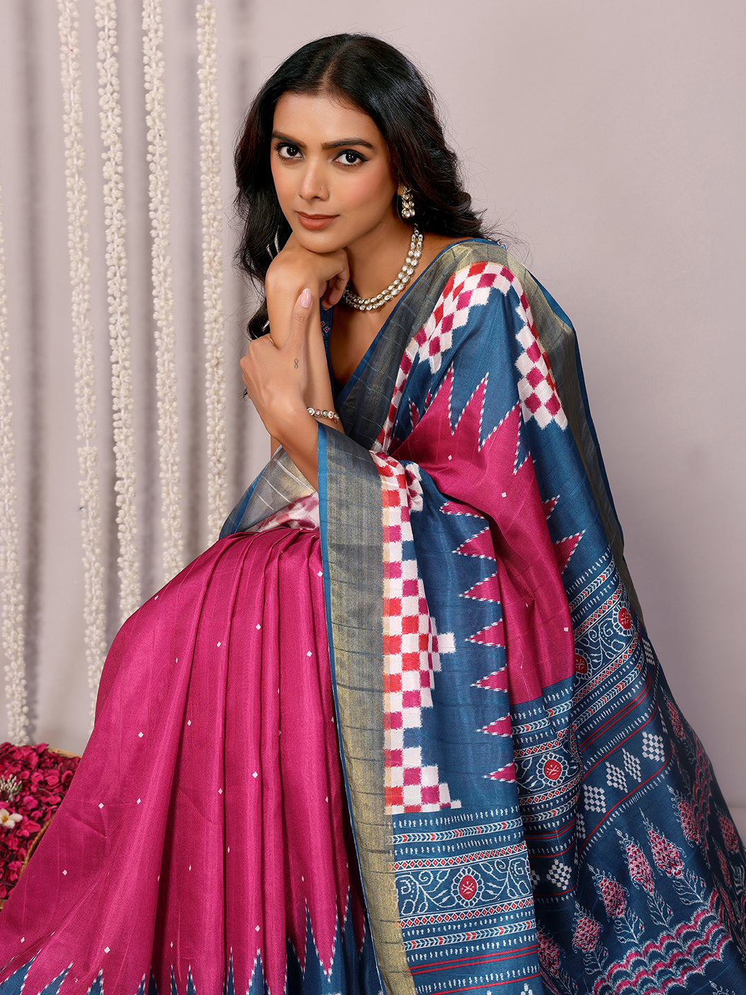 Janasya Pink & Blue Chanderi Silk Geometric Printed Saree | Swadesiicart