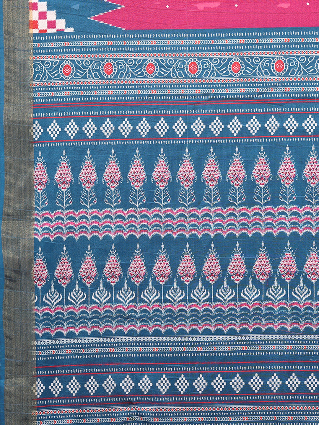 Janasya Pink & Blue Chanderi Silk Geometric Printed Saree | Swadesiicart