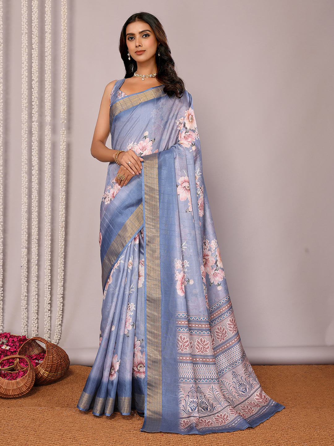 Janasya Blue Chanderi Silk Floral Printed Saree | Swadesiicart