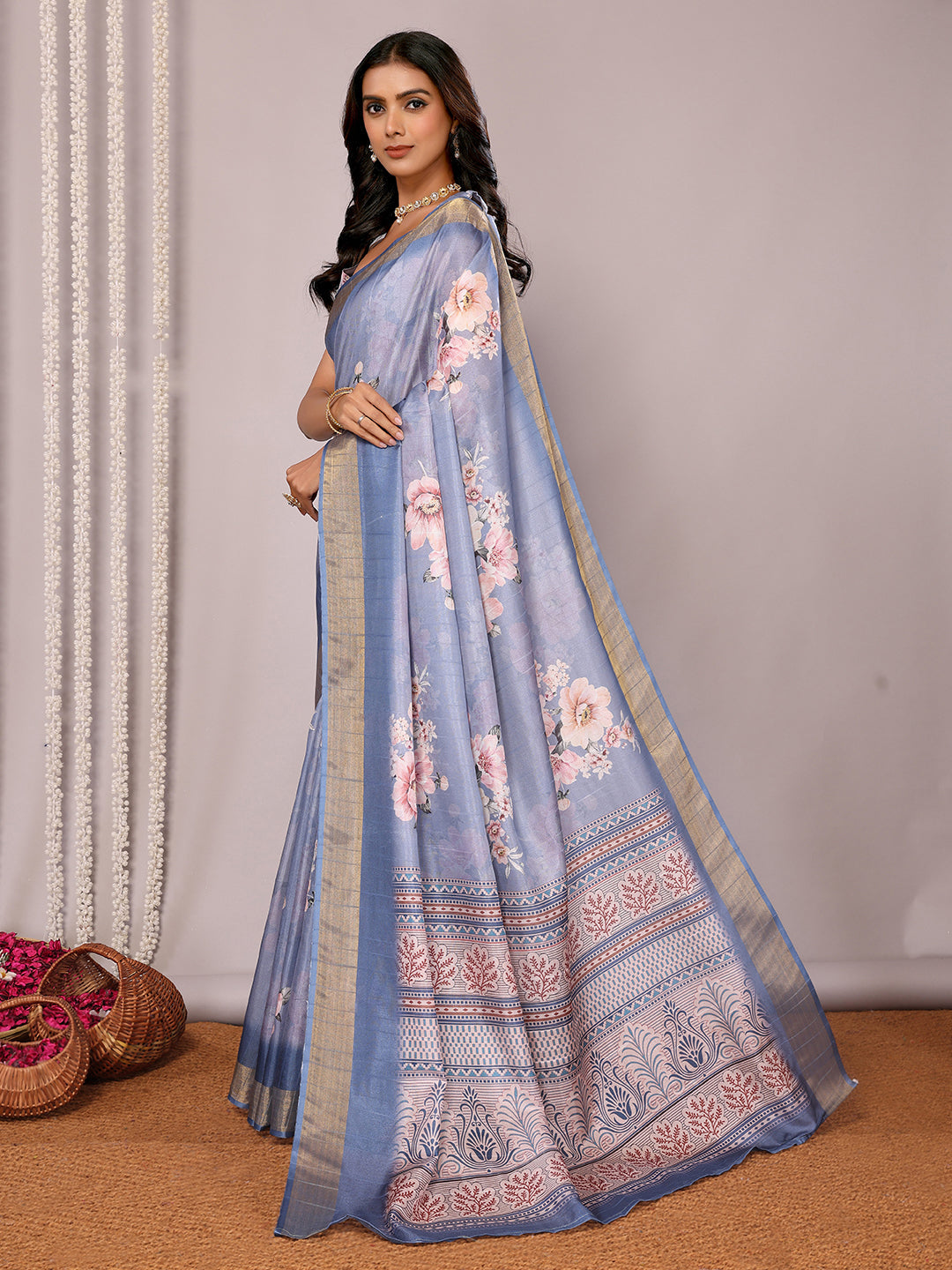 Janasya Blue Chanderi Silk Floral Printed Saree | Swadesiicart