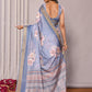 Janasya Blue Chanderi Silk Floral Printed Saree | Swadesiicart