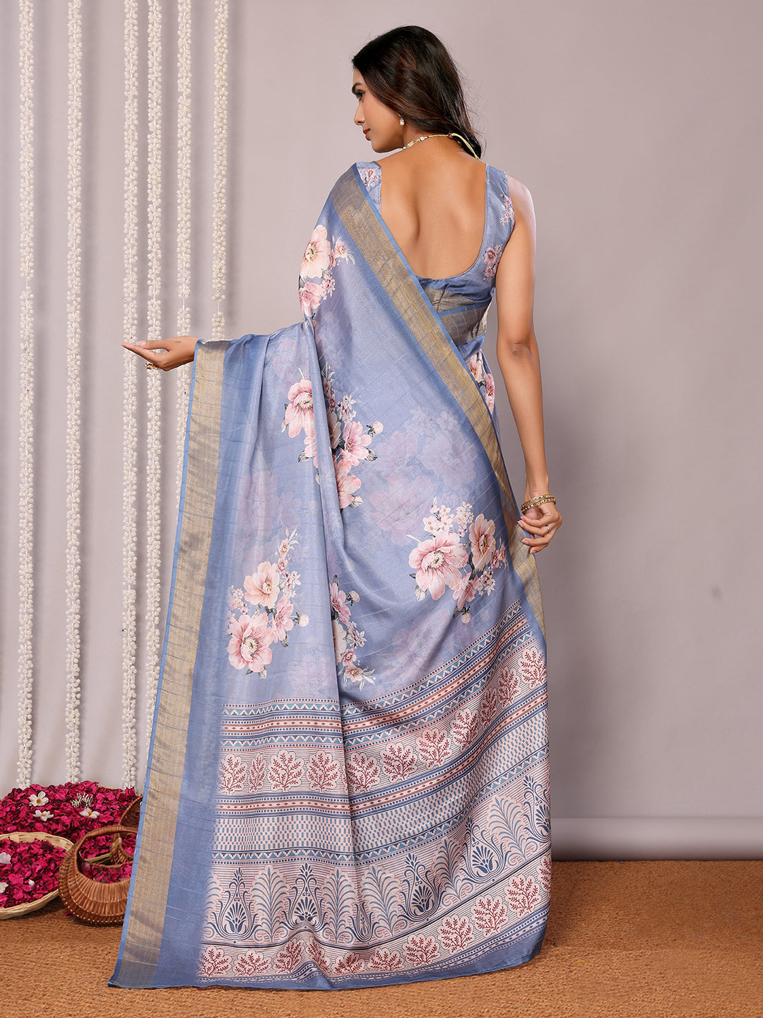 Janasya Blue Chanderi Silk Floral Printed Saree | Swadesiicart