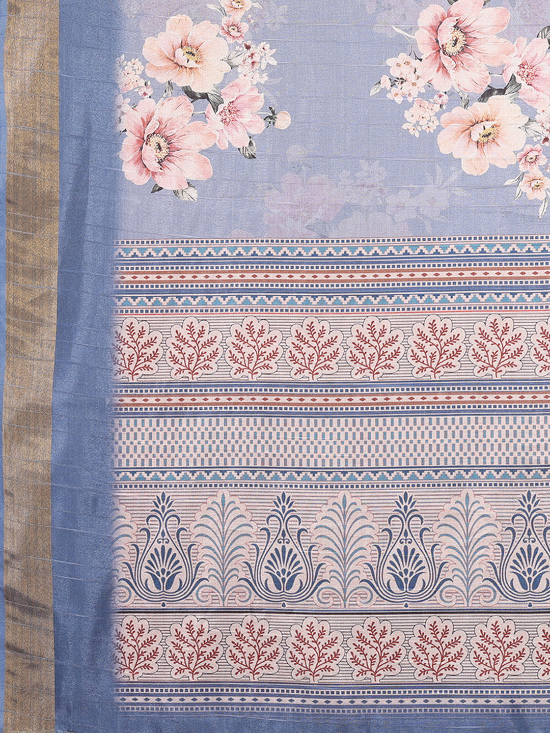 Janasya Blue Chanderi Silk Floral Printed Saree | Swadesiicart