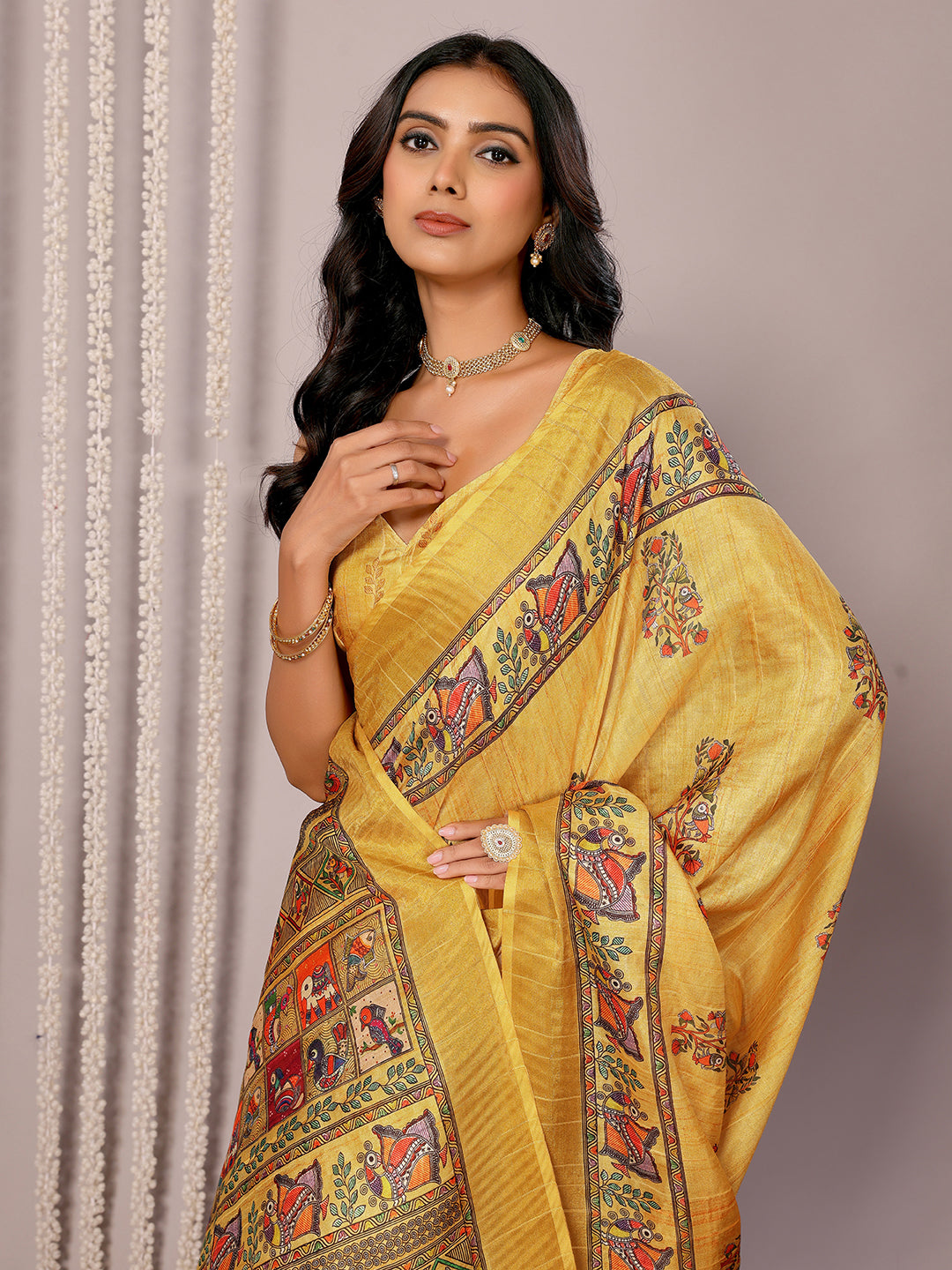 Janasya Yellow Chanderi Silk Kalamkari Printed Saree | Swadesiicart