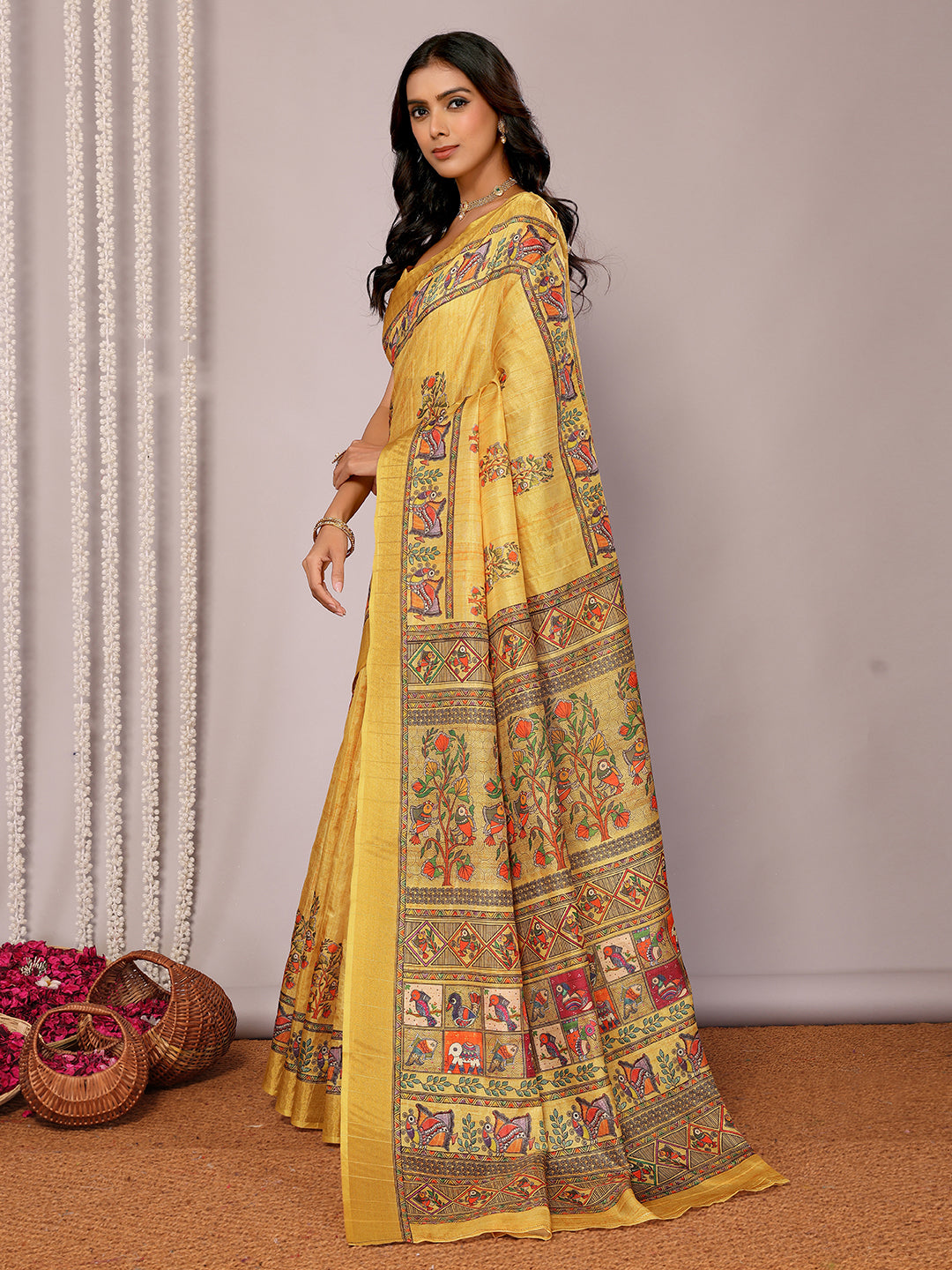 Janasya Yellow Chanderi Silk Kalamkari Printed Saree | Swadesiicart