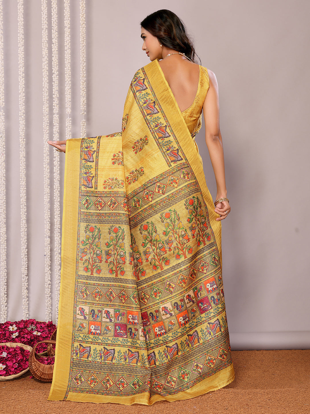 Janasya Yellow Chanderi Silk Kalamkari Printed Saree | Swadesiicart