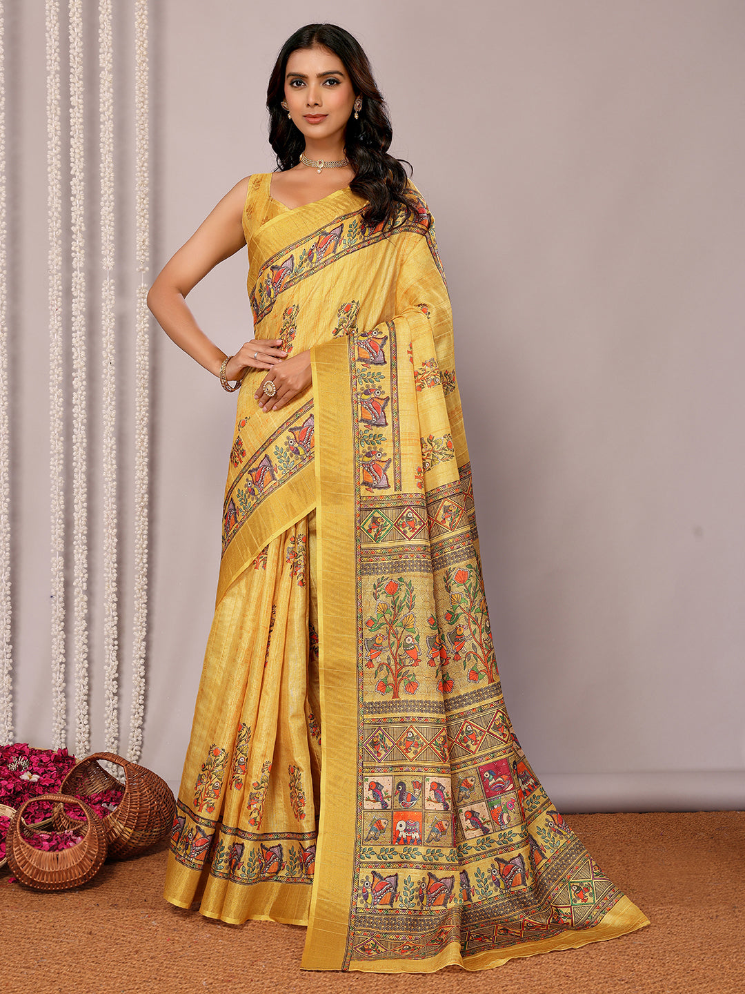 Janasya Yellow Chanderi Silk Kalamkari Printed Saree | Swadesiicart