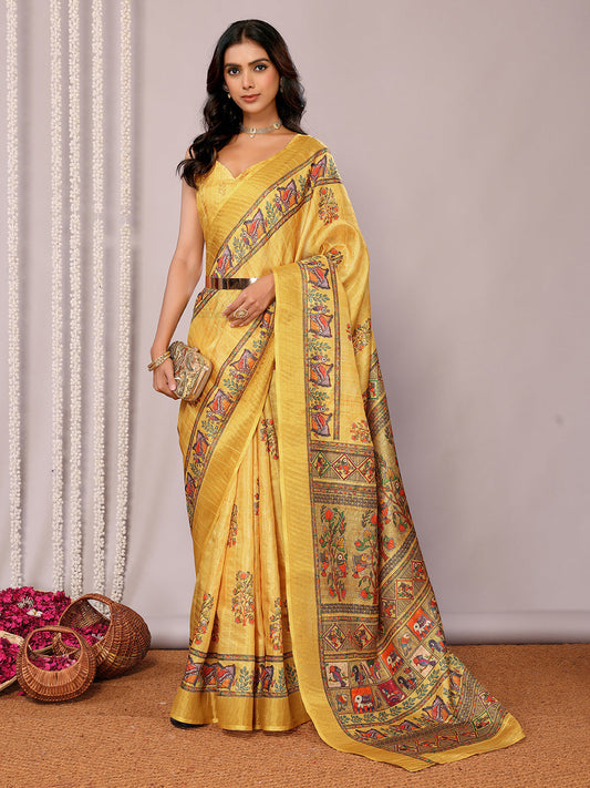 Janasya Yellow Chanderi Silk Kalamkari Printed Saree | Swadesiicart