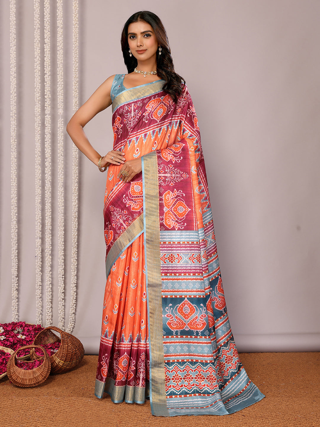 Janasya Orange Chanderi Silk Ikkat Printed Saree | Swadesiicart