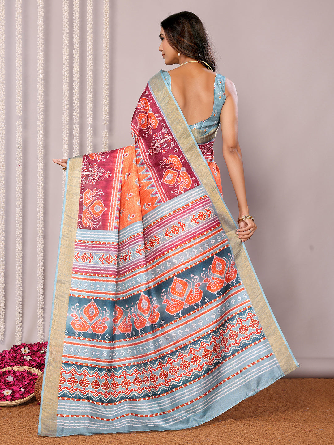 Janasya Orange Chanderi Silk Ikkat Printed Saree | Swadesiicart