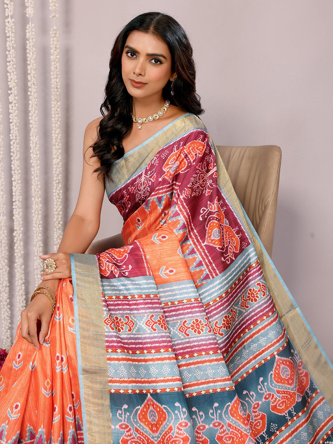 Janasya Orange Chanderi Silk Ikkat Printed Saree | Swadesiicart