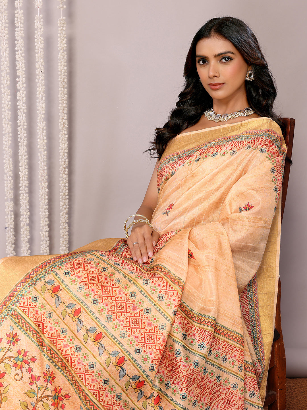 Janasya Beige Chanderi Silk Floral Printed Saree | Swadesiicart