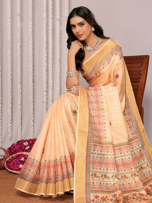 Janasya Beige Chanderi Silk Floral Printed Saree | Swadesiicart