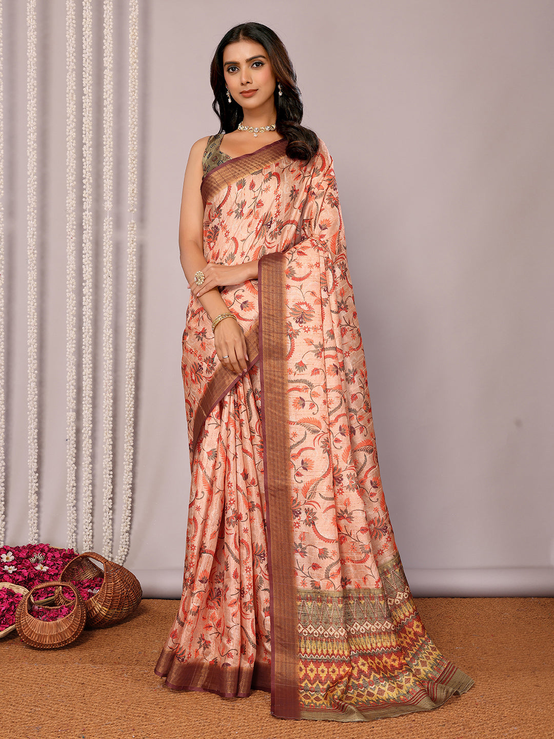Janasya Peach Chanderi Silk Floral Printed Saree | Swadesiicart