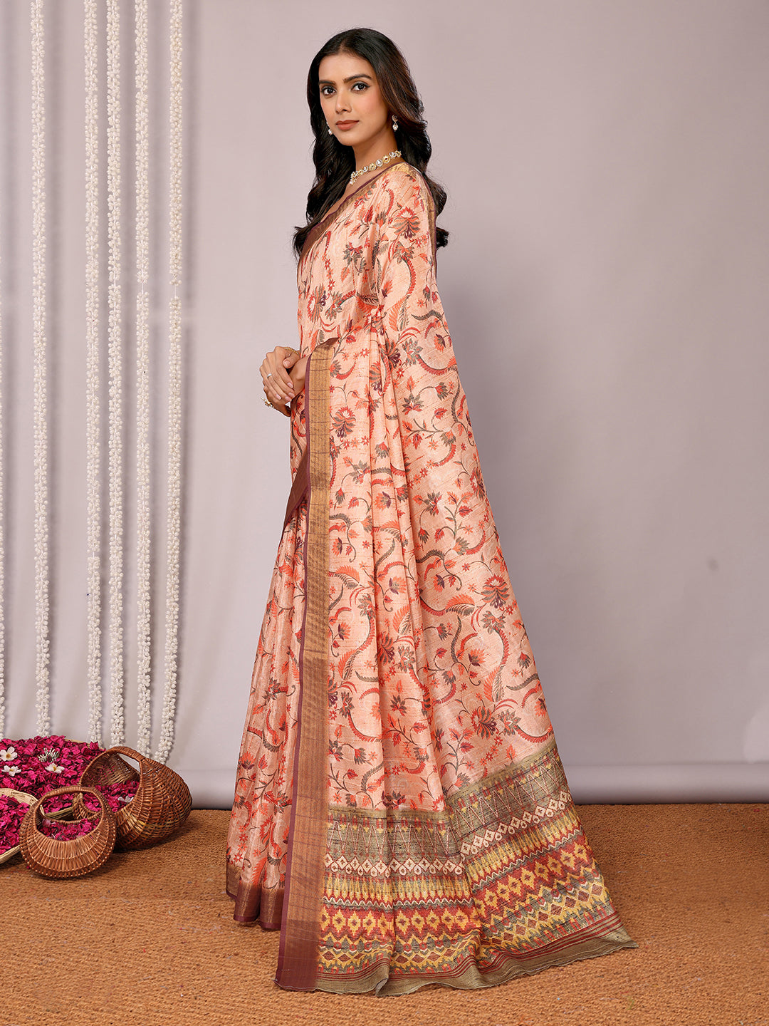 Janasya Peach Chanderi Silk Floral Printed Saree | Swadesiicart