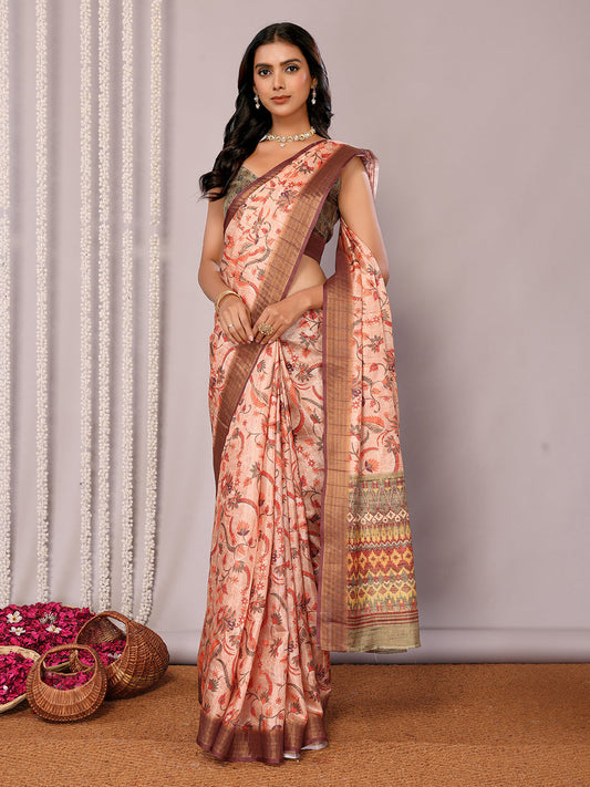 Janasya Peach Chanderi Silk Floral Printed Saree | Swadesiicart