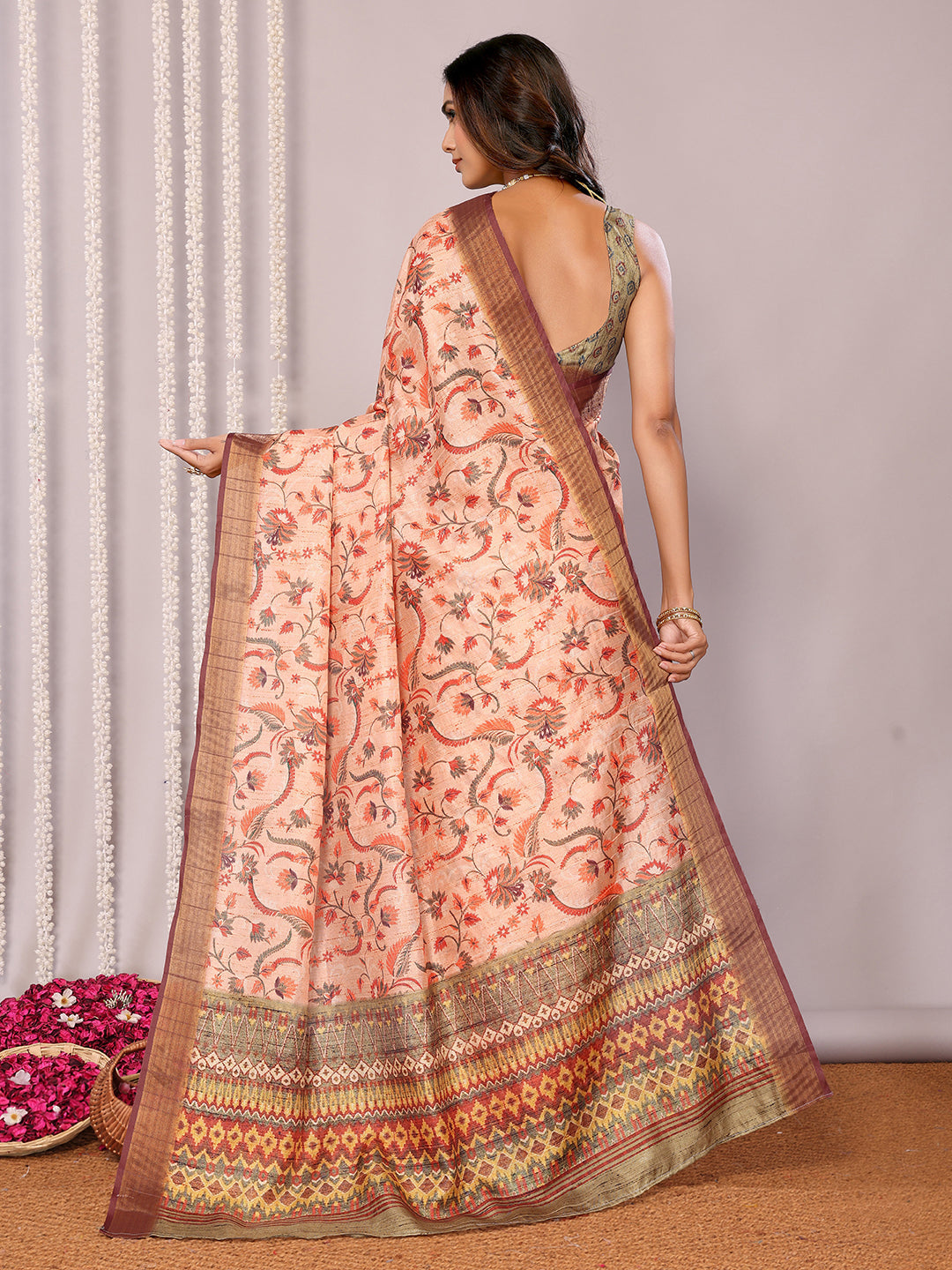 Janasya Peach Chanderi Silk Floral Printed Saree | Swadesiicart