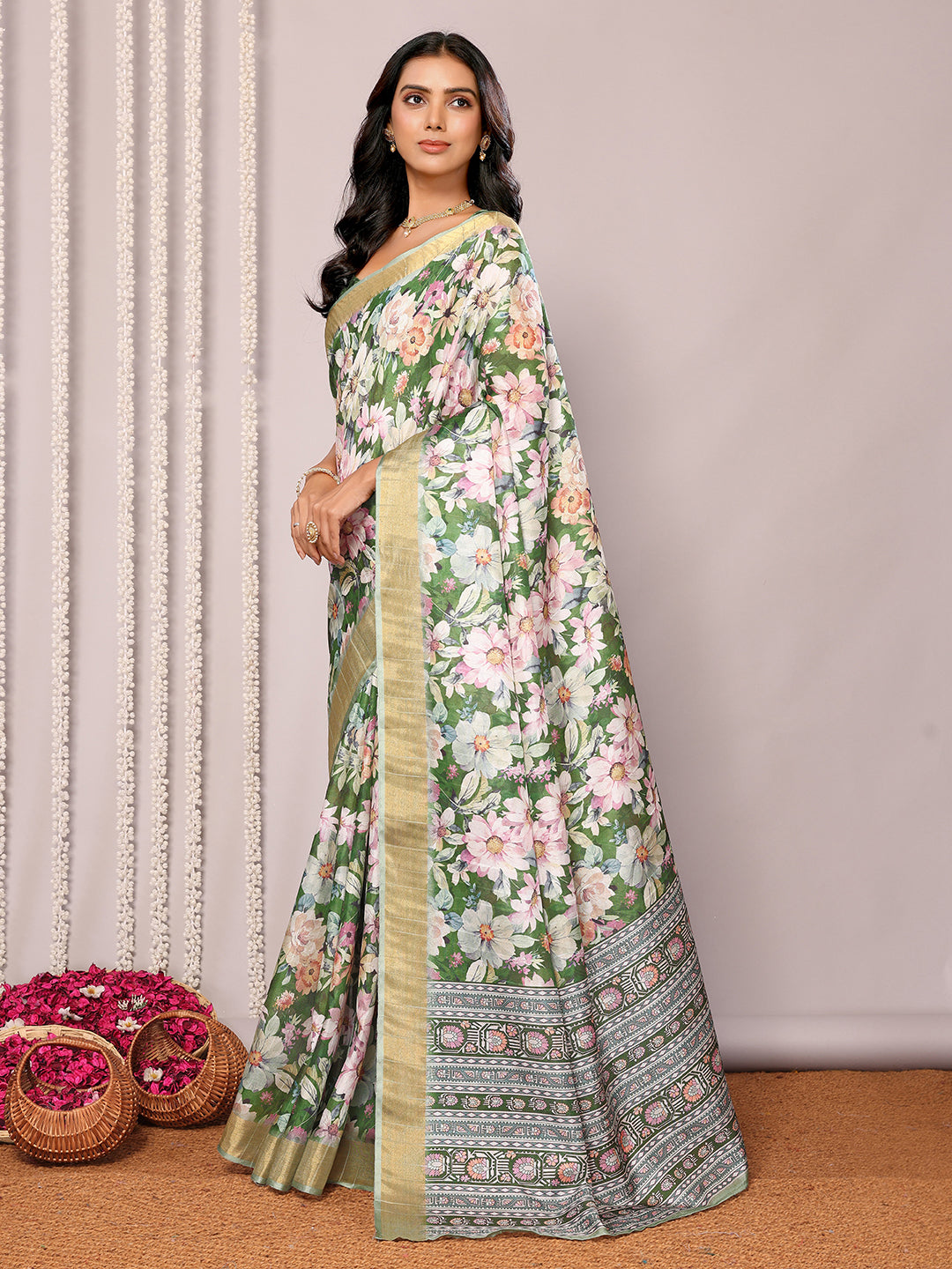 Janasya Green Chanderi Silk Floral Printed Saree | Swadesiicart