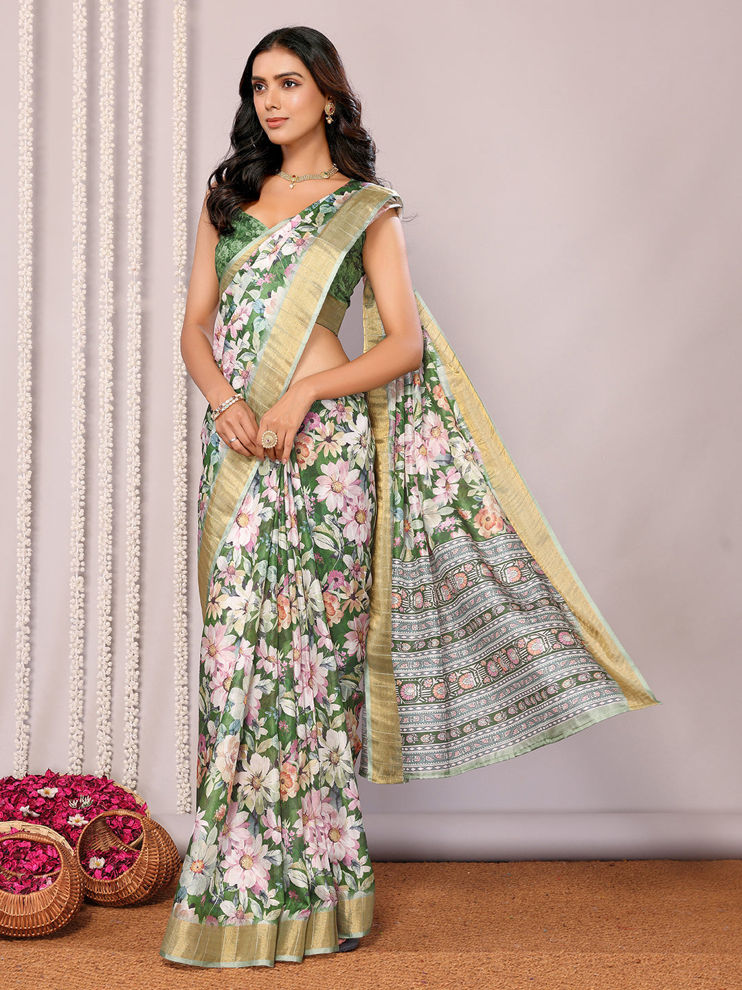Janasya Green Chanderi Silk Floral Printed Saree | Swadesiicart