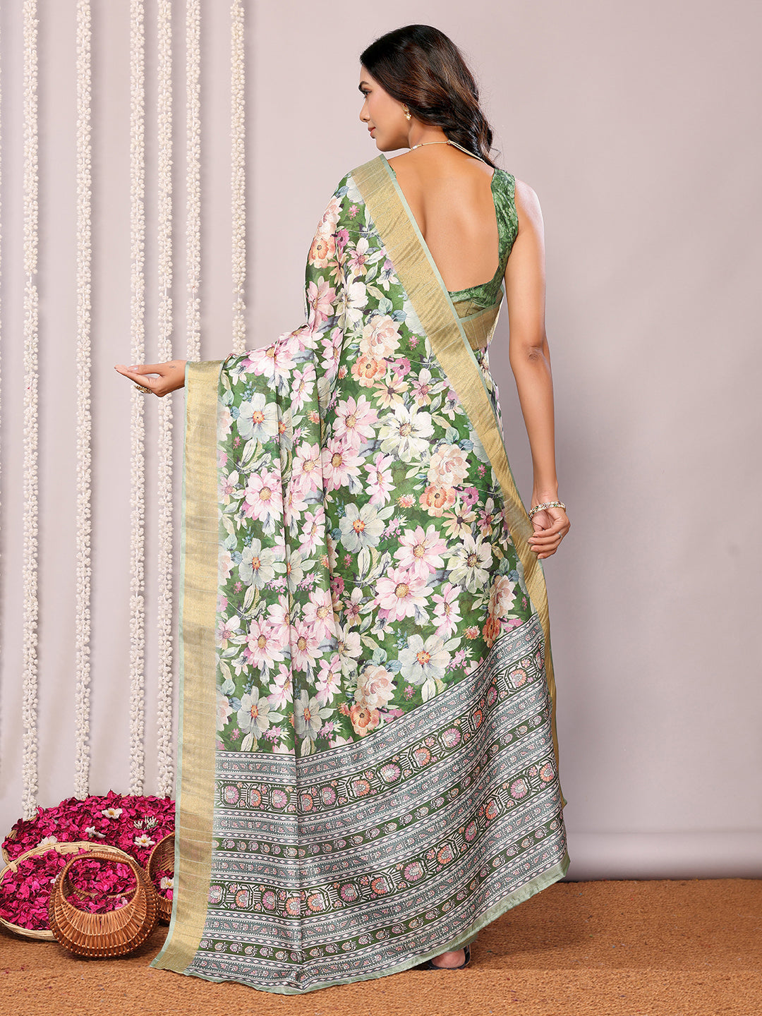Janasya Green Chanderi Silk Floral Printed Saree | Swadesiicart