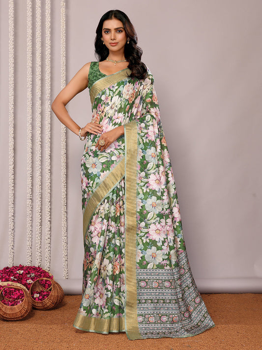 Janasya Green Chanderi Silk Floral Printed Saree | Swadesiicart