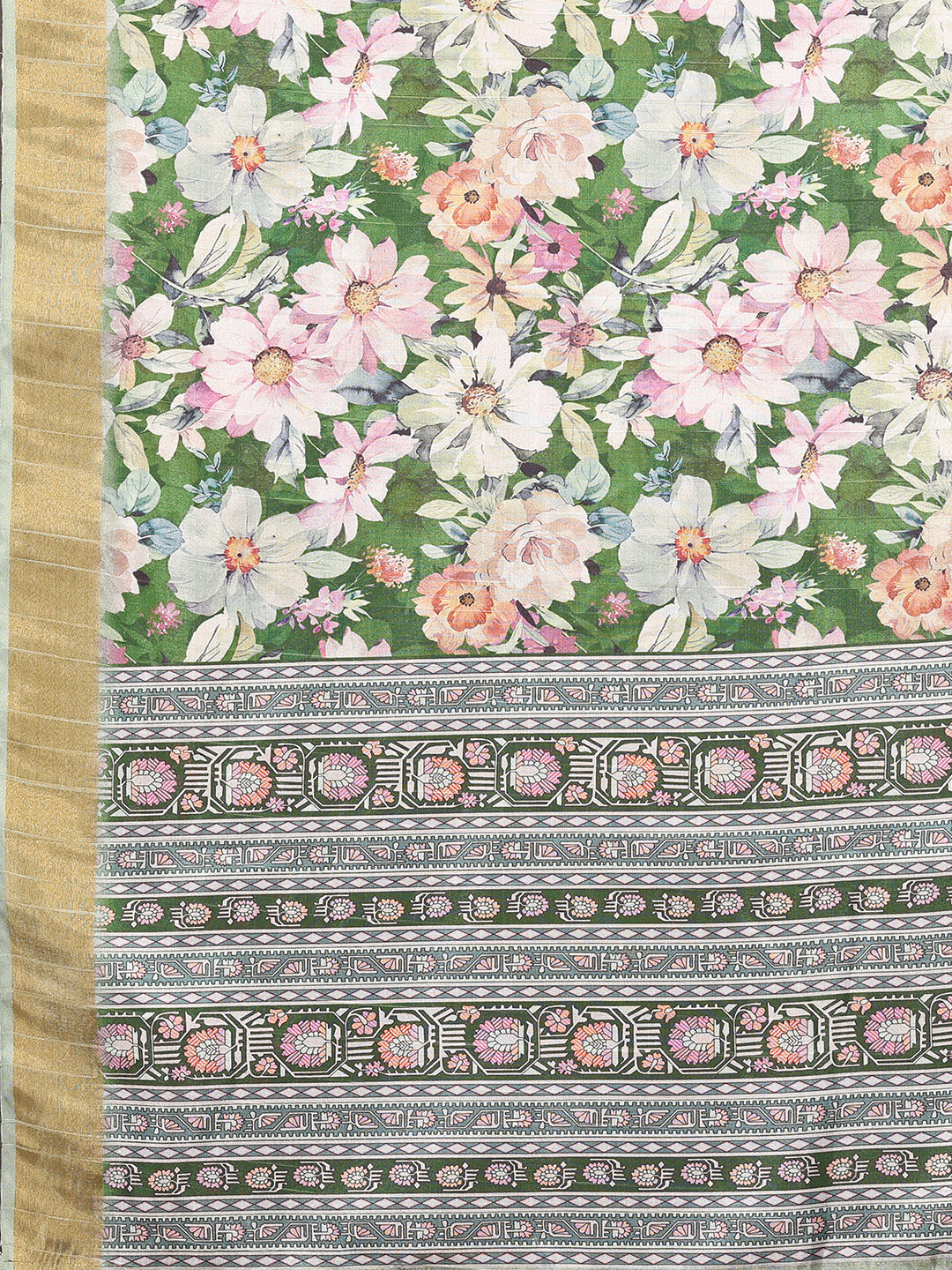 Janasya Green Chanderi Silk Floral Printed Saree | Swadesiicart